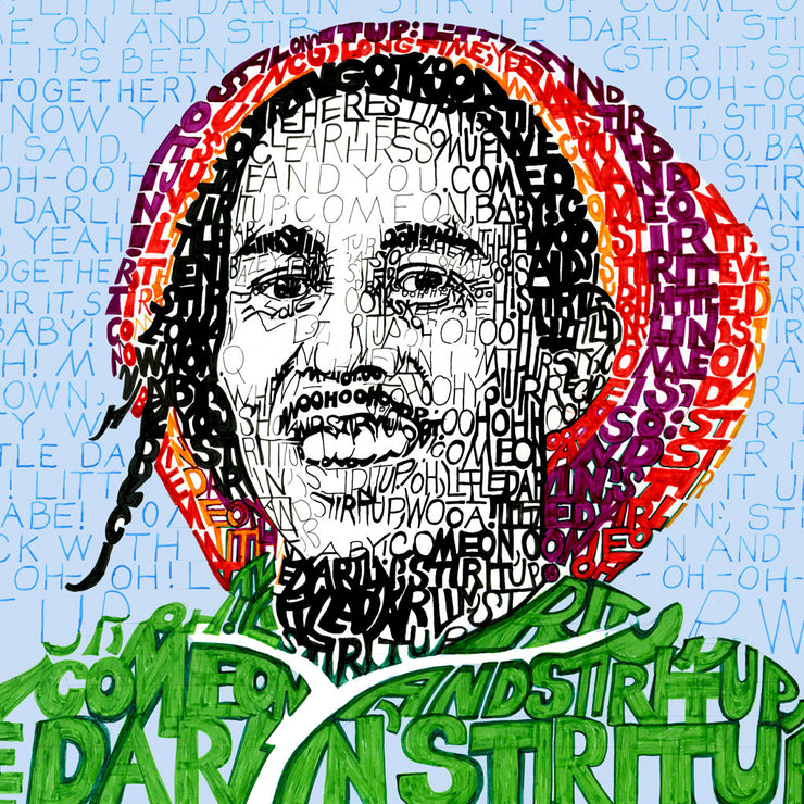 Bob Marley artwork is portrait of the reggae pioneer in rasta tam, handwritten with his lyrics to “Stir It Up.”