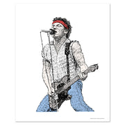 Unframed Bruce Springsteen art, a color portrait of The Boss singing and playing, handwritten with lyrics of “Born to Run.”
