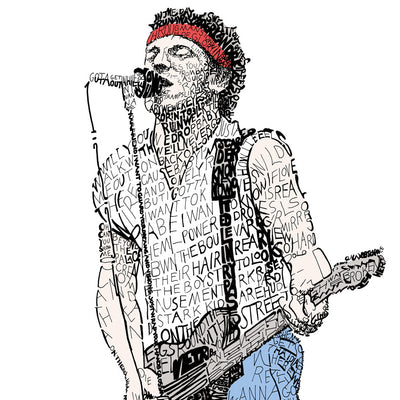 Bruce Springsteen art is color portrait of The Boss singing and playing, handwritten with lyrics of “Born to Run.”