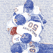 Four 1985 Chicago Bears defensive players tackle opponent in Chicago Bears wall art handwritten with season’s games.
