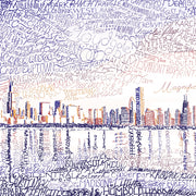Chicago skyline art is lakefront view of the city, handwritten with names of streets, neighborhoods, and Chicago landmarks.