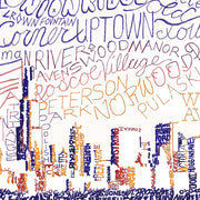 Detail of Chicago skyline art shows handwritten names of neighborhoods and attractions forming the skyscrapers and sky.