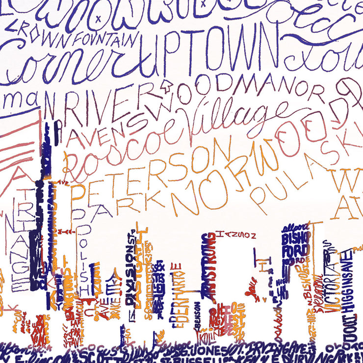 Detail of Chicago skyline art shows handwritten names of neighborhoods and attractions forming the skyscrapers and sky.