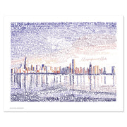 Unframed print of Chicago skyline art, handwritten with names of local places and landmarks.