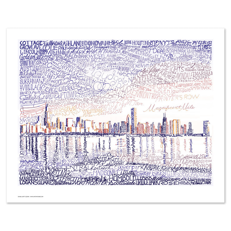 Unframed print of Chicago skyline art, handwritten with names of local places and landmarks.