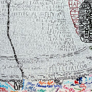 Detail of word art of Liberty Bell and Independence Hall shows how text forms the bell and its crack.
