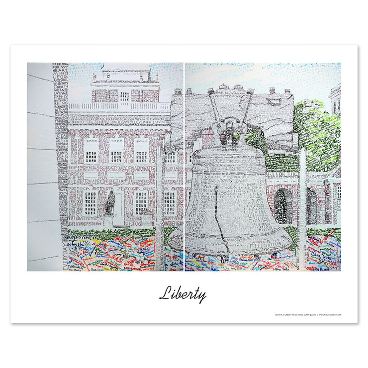 Unframed print of word art of Liberty Bell and Independence Hall, handwritten during 2016 Democratic National Convention.