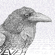 Edgar Allan Poe art print of a large raven in black and white made of handwritten Poe poem “The Raven.”