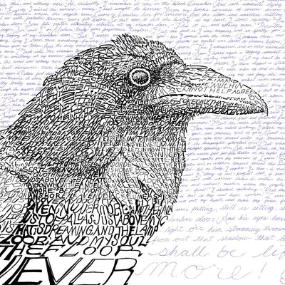 Edgar Allan Poe art print of a large raven in black and white made of handwritten Poe poem “The Raven.”