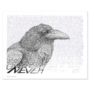 Unframed poster of Edgar Allan Poe art of large raven in black and white made of handwritten Poe poem “The Raven.”
