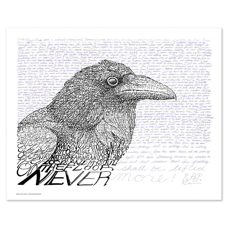 Unframed poster of Edgar Allan Poe art of large raven in black and white made of handwritten Poe poem “The Raven.”