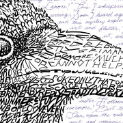 Edgar Allan Poe art of large raven made of handwritten Poe poem “The Raven” as part of Edgar Allan Poe gift collection.
