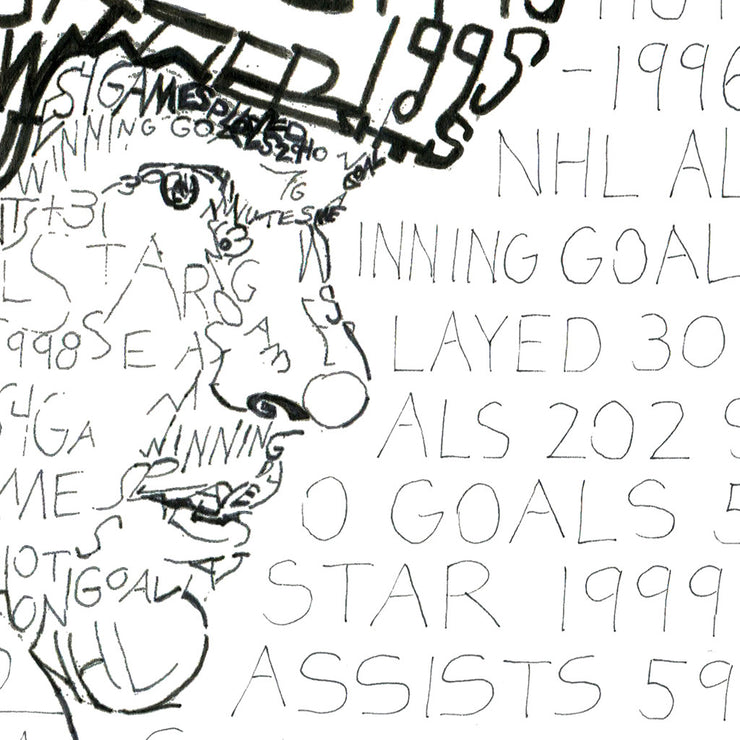 Detail of word art portrait of Eric Lindros shows how handwritten career stats form his face, helmet, and background.