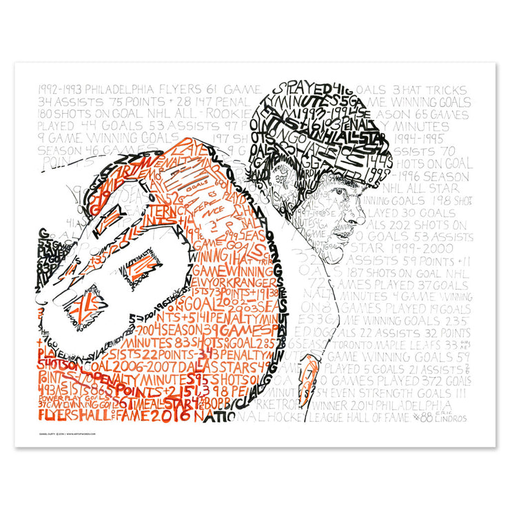 Unframed print of word art portrait of Eric Lindros, handwritten with stats from every season in his career.