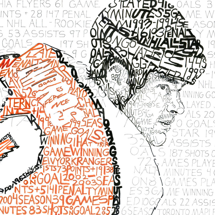 Unique Philadelphia Flyers canvas art: word art portrait of Eric Lindros, handwritten in orange and black with his career stats.