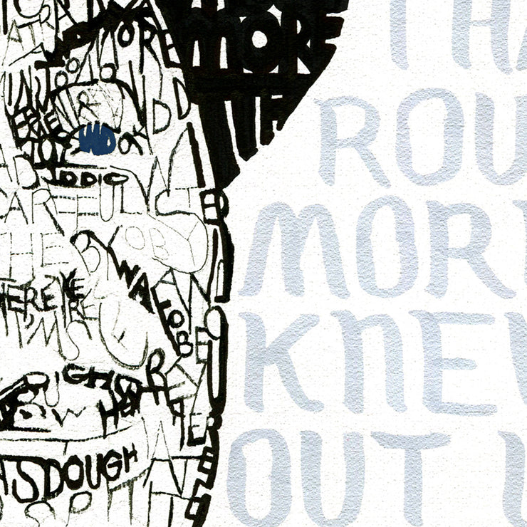 Detail of Frank Sinatra art shows how handwritten lyrics to “My Way” form left side of his face, hat brim, and background.