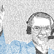 Word art portrait of broadcaster Harry Kalas, handwritten with “High Hopes,” Harry’s greatest calls, and Hall of Fame speech.