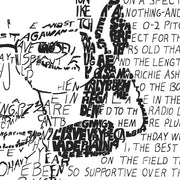 Detail of word art portrait of Harry Kalas shows how text of his calls form left side of his face, headset, and background.