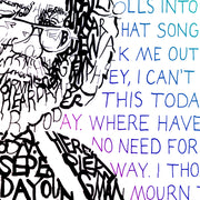 Detail of Jerry Garcia art shows how handwritten song lyrics form Garcia’s face, shoulder, guitar strap, and background.