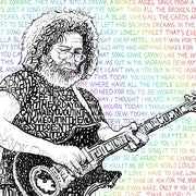 Unique Jerry Garcia art: word art portrait of the rock icon handwritten with lyrics to three of his songs in rainbow colors.
