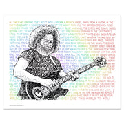 Unframed print of  Jerry Garcia art, word art portrait of the rock icon handwritten with lyrics to three of his songs.