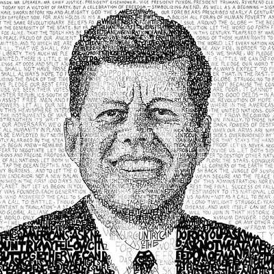 Unique piece of JFK art: word art portrait of the 35th president, handwritten with text of his Inaugural Address.