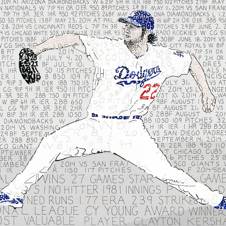 Word art portrait of pitcher Clayton Kershaw, handwritten with all his 2014 games, is one of the best LA Dodgers gifts.