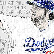 Detail of one of the best LA Dodgers gifts, word art portrait of Clayton Kershaw, showing how season stats make up the image.