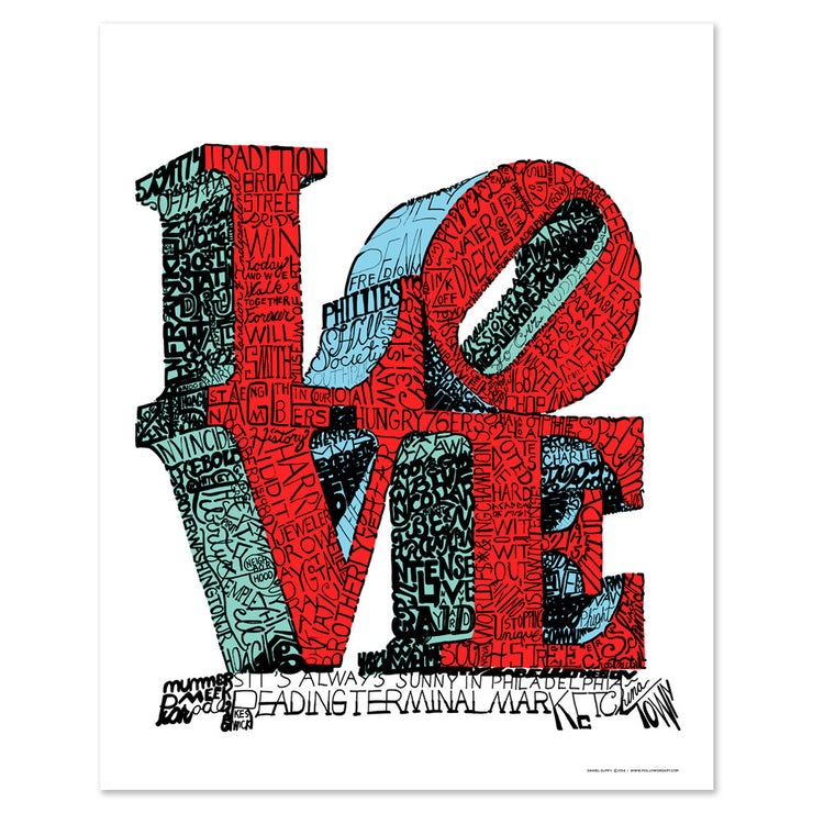 Unframed print of Love Statue in Philadelphia made of red, black, and blue words about Philadelphia people, places, quotes.