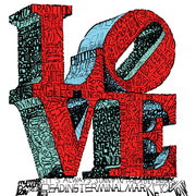 Illustration of Love Statue in Philadelphia made of red, black, and blue words about Philadelphia people, places, quotes.