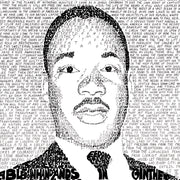 Black and white Martin Luther King Jr. artwork made of hand-written words about the life of Dr. King by artist Dan Duffy.