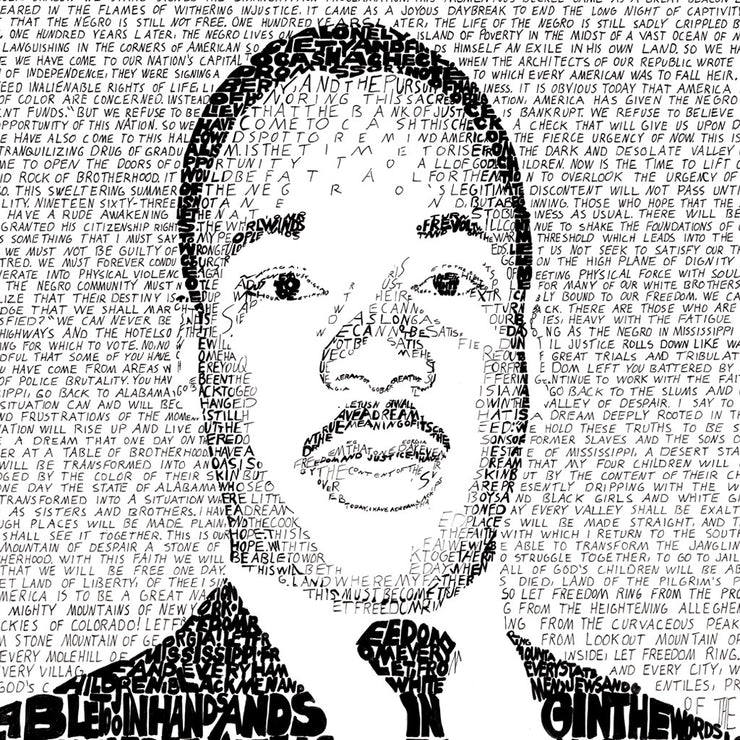 Black and white Martin Luther King Jr. artwork made of hand-written words about the life of Dr. King by artist Dan Duffy.