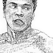 Muhammad Ali word art portrait in black and white made of small hand-written words from his famous speeches.