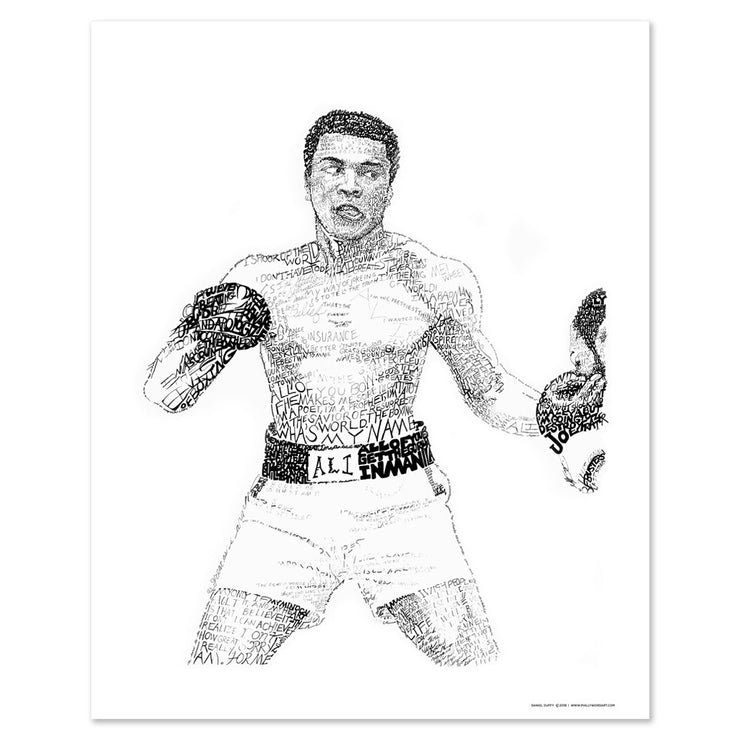 Muhammad Ali word art print in black and white of boxer fighting made of small hand-written words from his famous speeches.