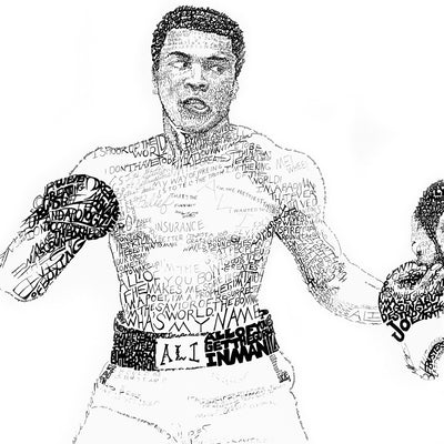  Muhammad Ali art print in black and white of boxer fighting made of small hand-written words from his famous speeches.