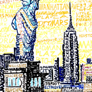 New York art of Statue of Liberty and New York skyline made with multi-colored words honoring people and places in New York.