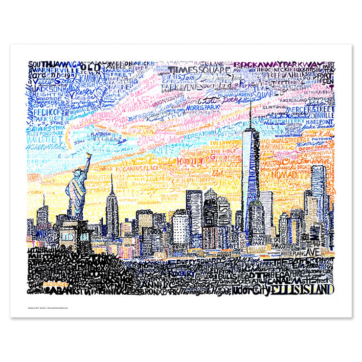 Unframed New York skyline gift print made with multi-colored hand-written words honoring people and places in New York.