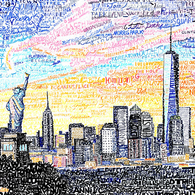 New York skyline gift print made with multi-colored words honoring people and places in New York by artist Dan Duffy.