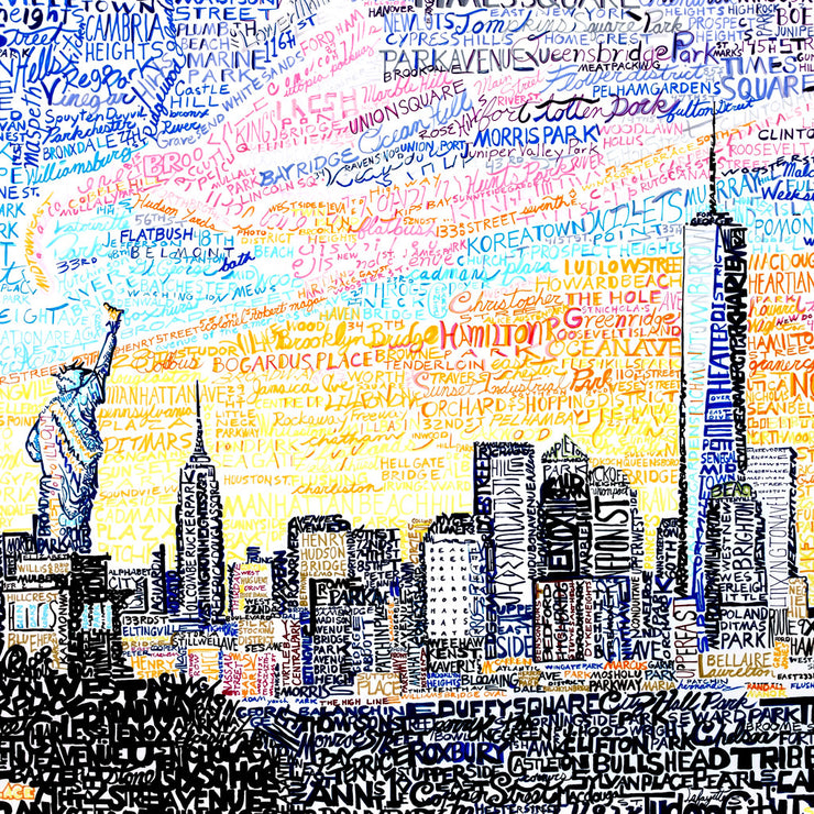New York skyline gift print made with multi-colored words honoring people and places in New York by artist Dan Duffy.