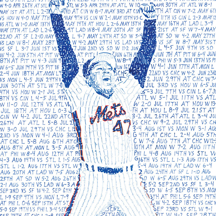 Jesse Orosco celebrates 1986 World Series win in word art handwritten with every game from the Mets World Series season.