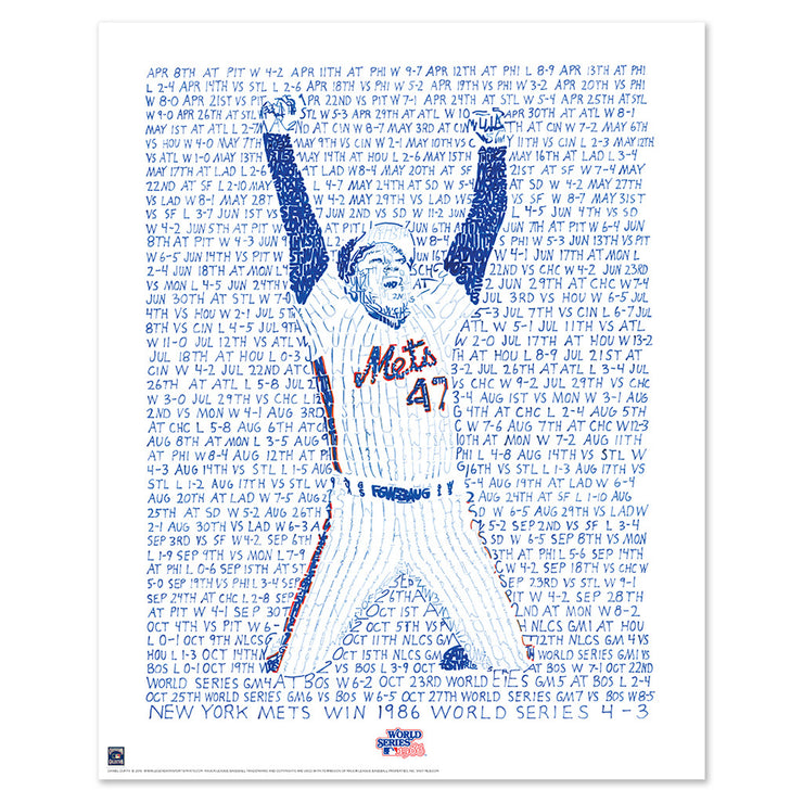 Unframed word art print shows Jesse Orosco celebrating 1986 World Series win, handwritten with Mets World Series season games.