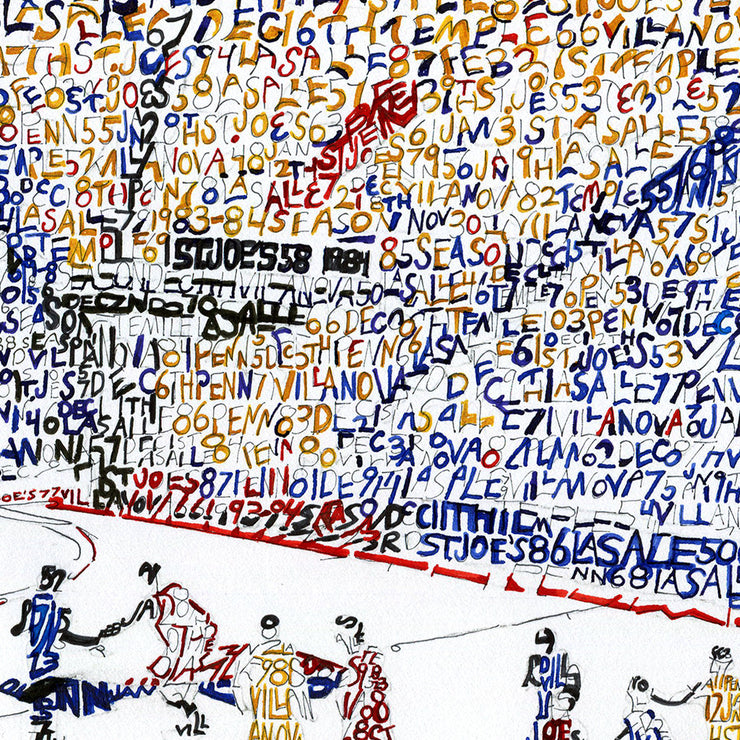 The Palestra Cathedral of College Basketball with players on court and crowd made of multi-colored handwritten dates, scores.