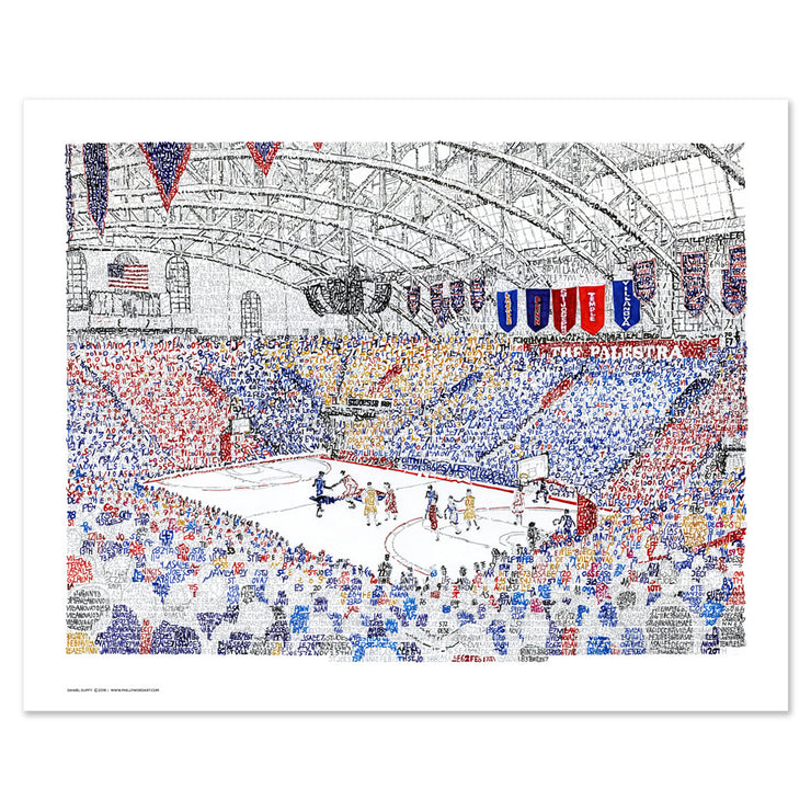 Unframed Palestra Philadelphia print with multi-colored handwritten dates, scores, and teams from 60 years of Big 5 games.