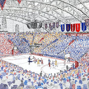 Palestra Philadelphia artwork with multi-colored handwritten dates, scores, and teams from 60 years of Big 5 basketball games.