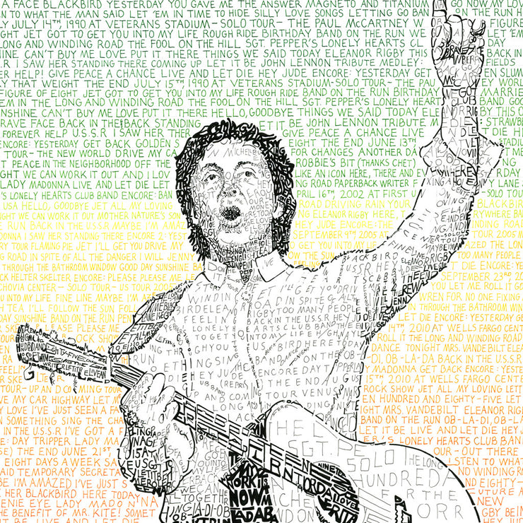 Paul McCartney art with artist holding guitar in green, yellow, and orange hand-written words of all his Philly concerts.