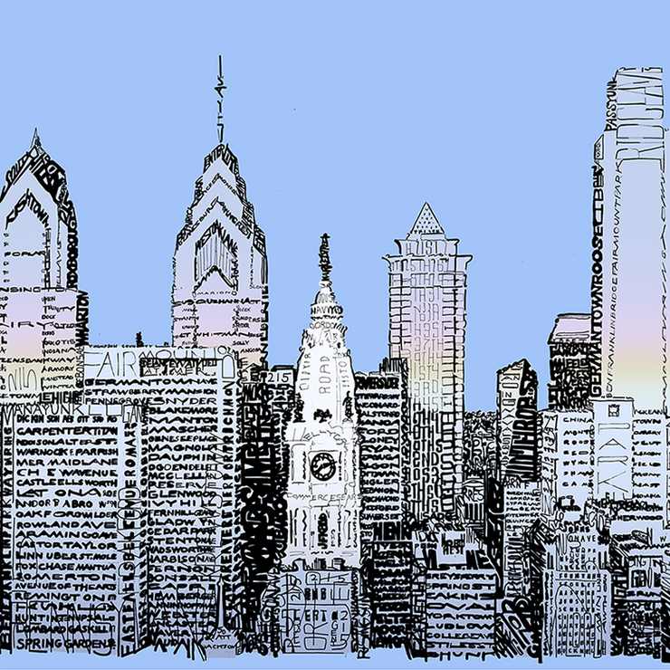 Philadelphia Skyline art made of handwritten words of Philly street names, neighborhoods, landmarks, and more.