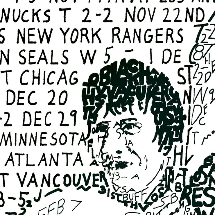 Bobby Clarke Philadelphia Flyers artwork made of handwritten words from 1973-74 championship season.