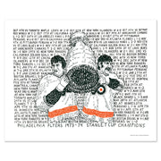 Philadelphia Flyers artwork with Bobby Clarke and Bernie Parent made of handwritten words from 1973-74 championship season.