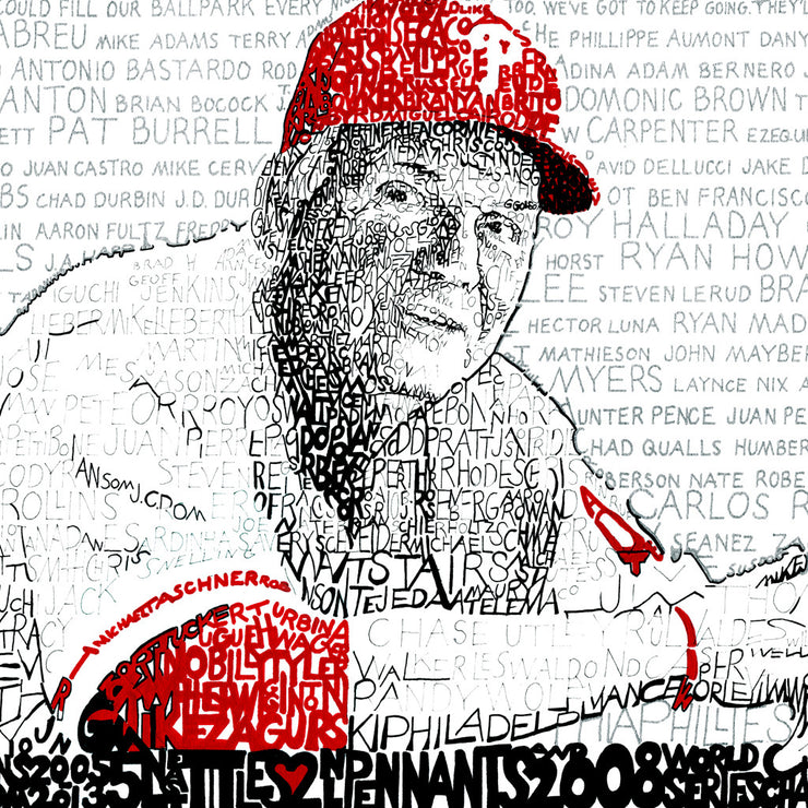 Word art portrait of Charlie Manuel, Philadelphia Phillies manager (2005-13), handwritten with names of players he managed.