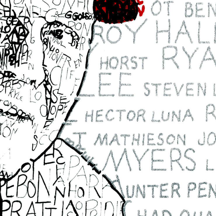 Detail of word art print of Charlie Manuel, Philadelphia Phillies manager, shows player’s names forming face and background.